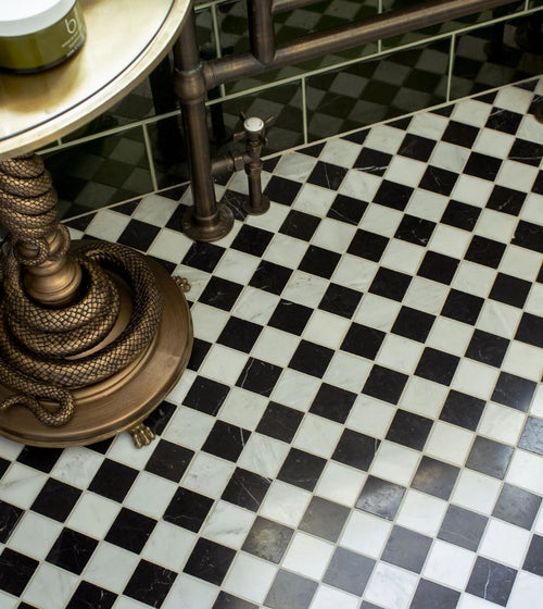 Chequers Court 4.8sq White & Black bevelled edge Marble Floor Tiles Chequers Court 4.8sq White & Black bevelled edge Marble Floor Tiles