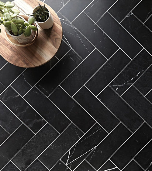 East Hampton Black Marble Tile 10x30 Herringbone Floor Tiles