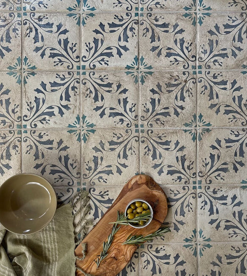 Paris Josette Patterned Terracotta Tile Blue Kitchen Tiles
