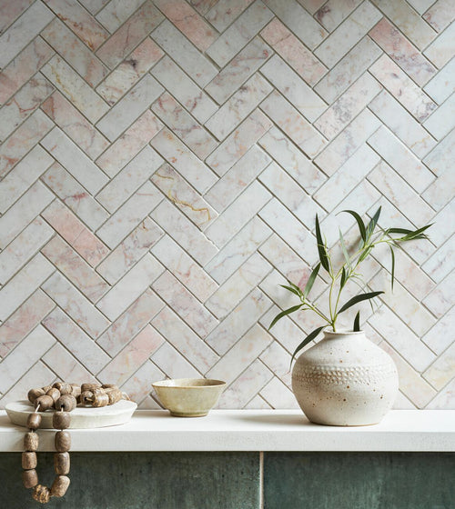 Aegean Pink Herringbone Marble Mosaic Splash of pink