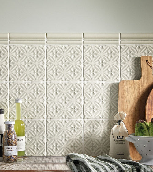 Alhambra White Decor Glazed Tile Kitchen Tiles