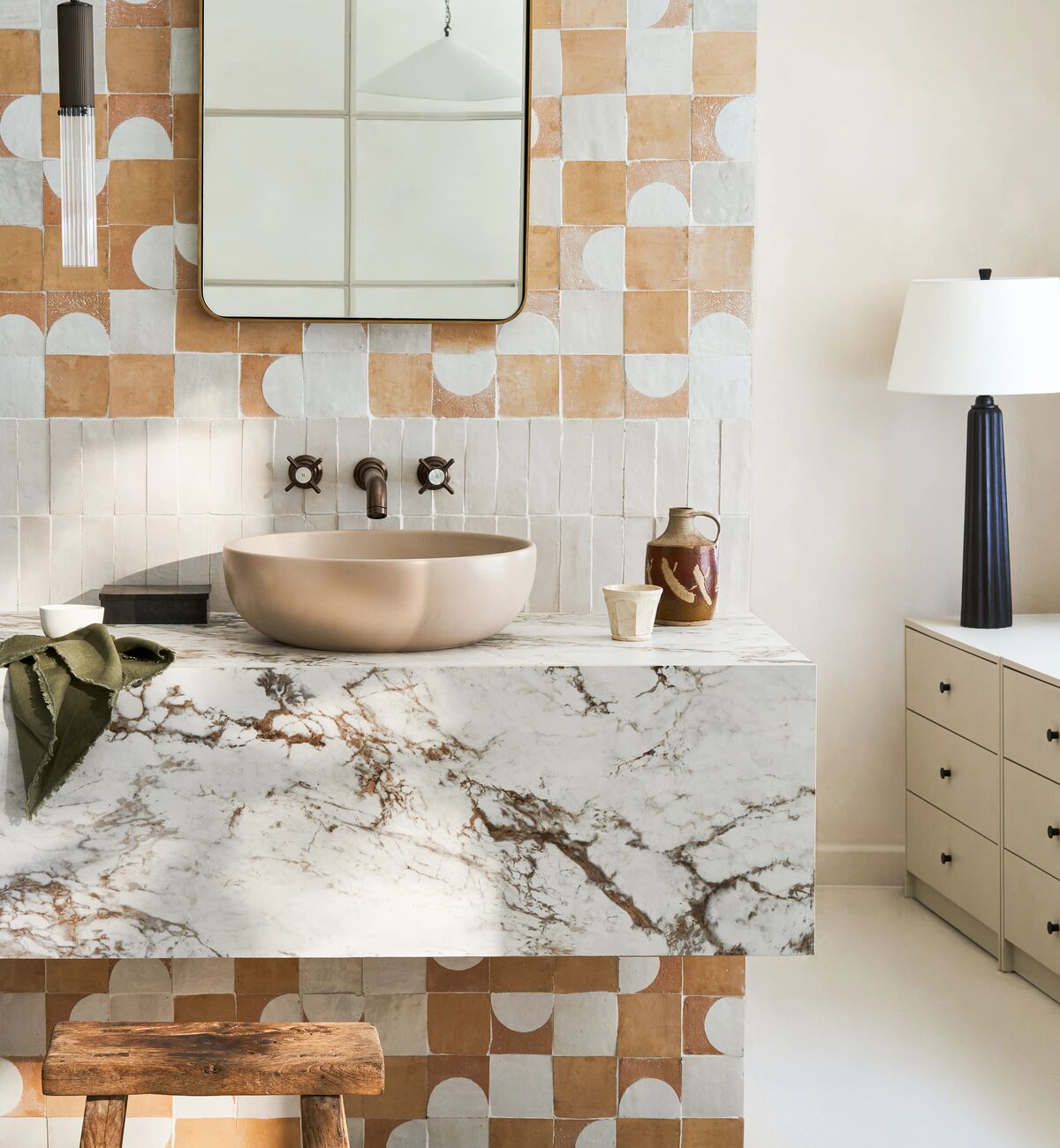 Mosaic shower floor with zellige shower walls