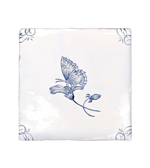 English Delft Butterfly 2 Blue Gloss Tile Cream Wall Tiles
