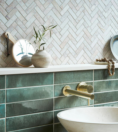 Aegean Pink Herringbone Marble Mosaic Splash of pink