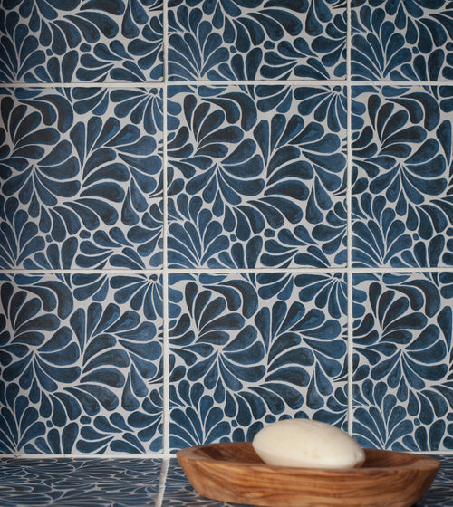 Kelmscott Emery Blue Patterned Tile Patterned Bathroom Tiles