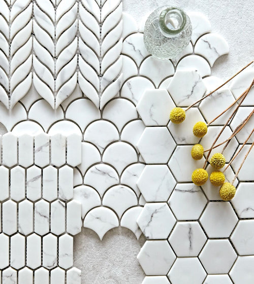 Malmo Scallop White Mosaic Marble Effect Floor Tiles