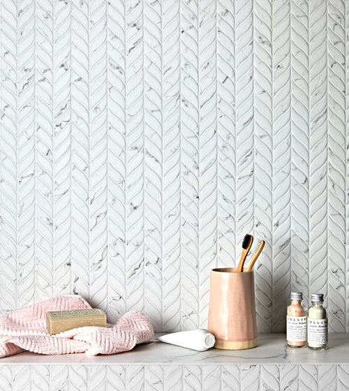 Malmo Willow Leaf White Mosaic Marble Effect Floor Tiles