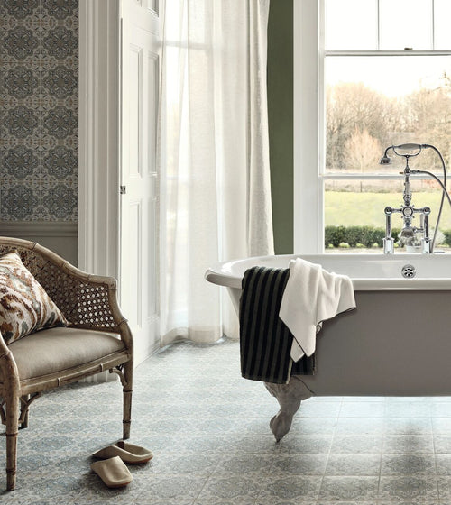 Nina Campbell Jodhpur Aqua Porcelain Tile Patterned Floor Tiles