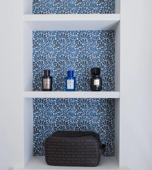 Kelmscott Emery Blue Patterned Tile Patterned Bathroom Tiles