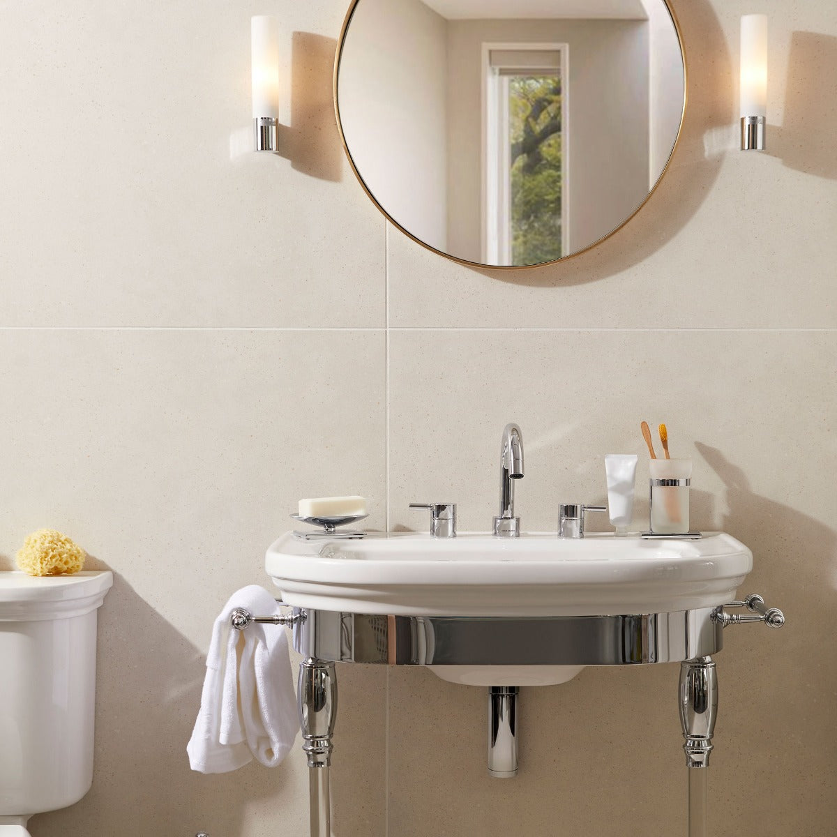 Matching floor and wall tiles in the same colour family